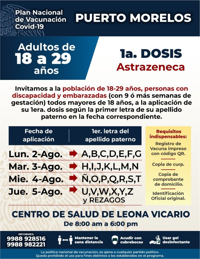 A partir del lunes iniciarán vacunas para mayores de 18 en Puerto Morelos