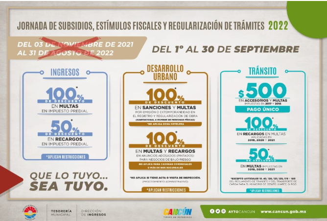 Amplían jornada de subsidios fiscales para septiembre en Cancún