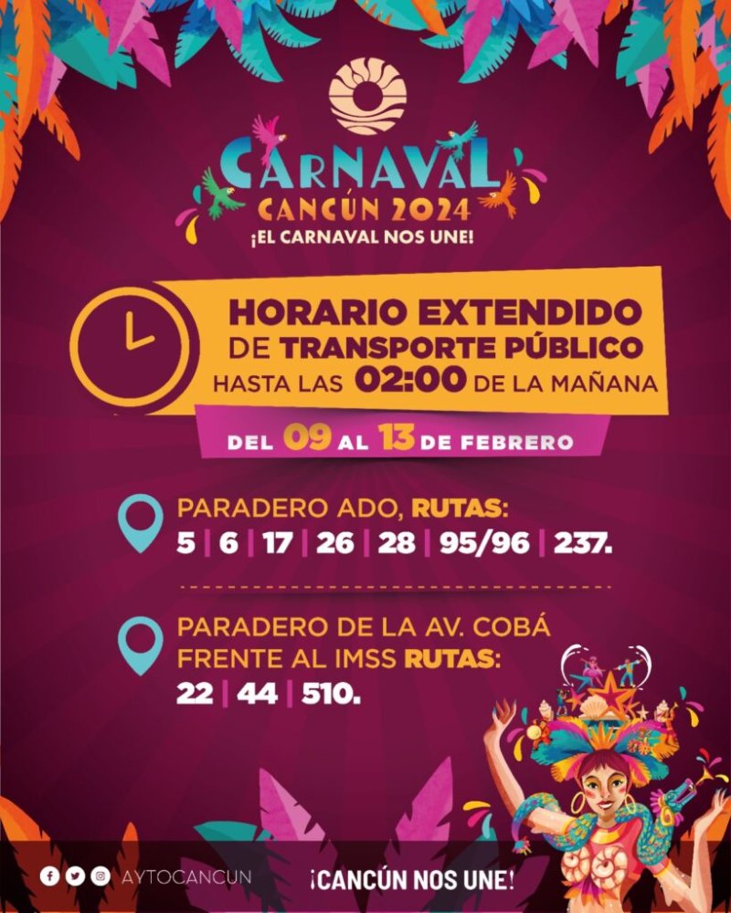 AMPLIARÁN HORARIO DE TRANSPORTE POR EL CARNAVAL CANCÚN 2024