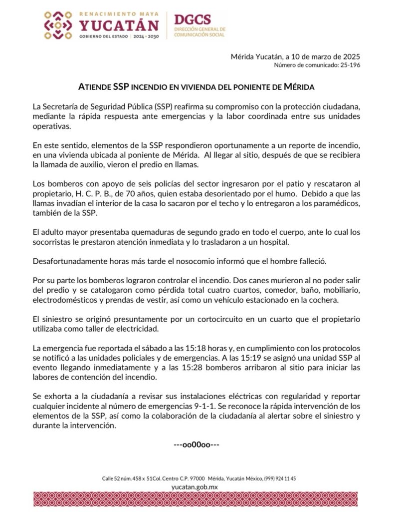 Atiende SSP incendio en vivienda del poniente de Mérida