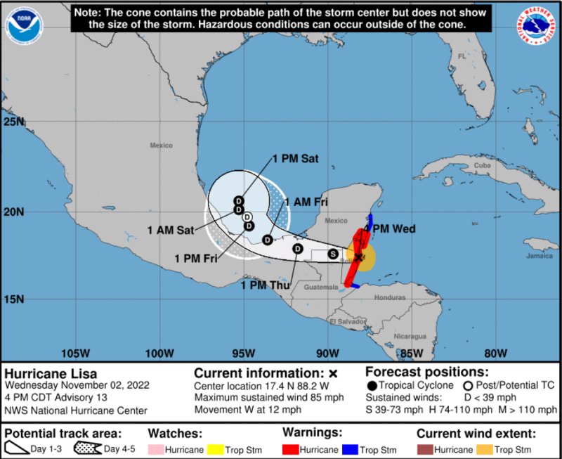 ((AVISO)) Huracán “Lisa” se localiza a 120 kms, al sur de Chetumal, Q.Roo