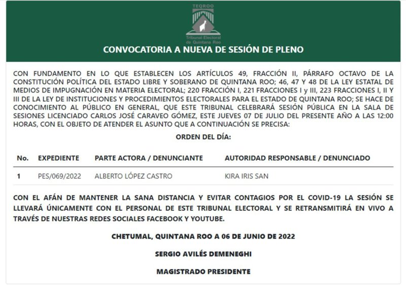 #AvisoDeSesión | El Tribunal Electoral de Quintana Roo te invita a la Sesión de Pleno convocada para el 07 de julio de 2022 a las 12:00 horas, la cual podrás visualizar en #vivo a través de nuestro Face Live y Canal de YouTube.