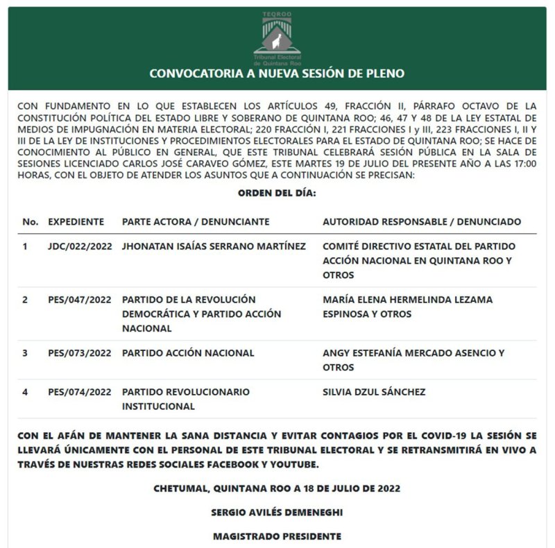 AvisoDeSesión | El Tribunal Electoral de Quintana Roo te invita a la Sesión de Pleno convocada para el 19 de julio de 2022 a las 17:00 horas, la cual podrás visualizar en #vivo a través de nuestro Face Live y Canal de YouTube.