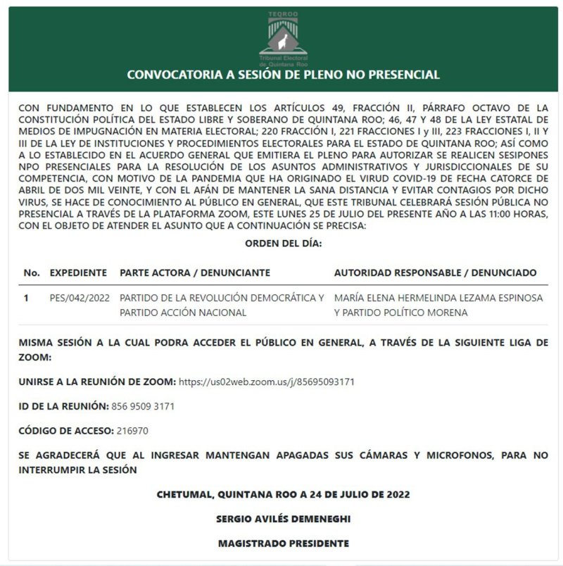 #AvisoDeSesión | El Tribunal Electoral de Quintana Roo te invita a la Sesión de Pleno no presencial convocada para el 25 de julio de 2022 a las 11:00 horas, la cual podrás visualizar en #vivo a través de la plataforma Zoom.