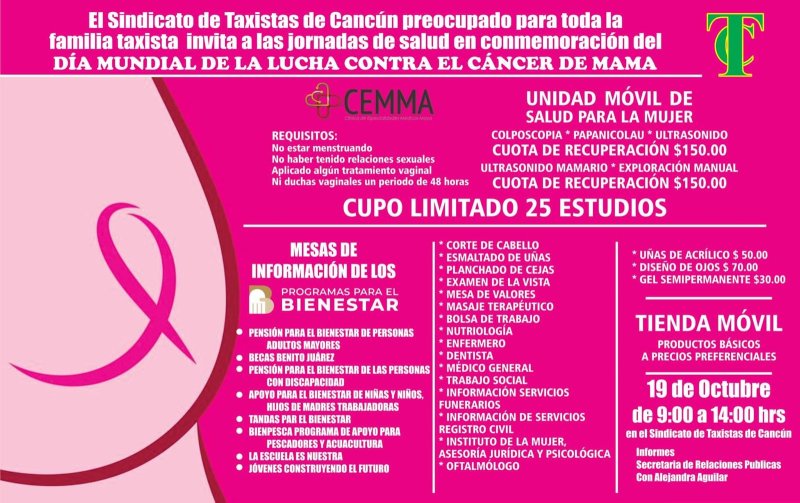 CON JORNADA DE SALUD CONMEMORARÁN TAXISTAS DE CANCÚN EL “DÍA MUNDIAL CONTRA EL CÁNCER DE MAMÁ”