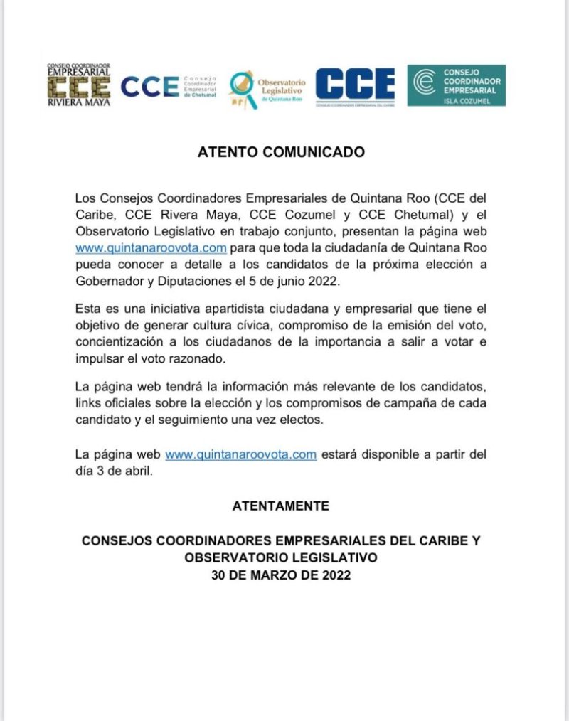 Consejos Coordinadores Empresariales de Quintana Roo presentan página web para conocer a los candidatos de la próxima elección por la gubernatura de Quintana Roo