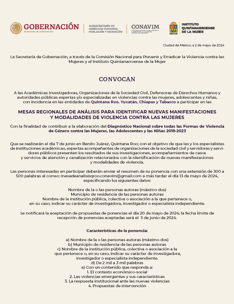 Convocan a participar en las Mesas Regionales de Análisis para Identificar Nuevas Manifestaciones y Modalidades de Violencia Contra las Mujeres