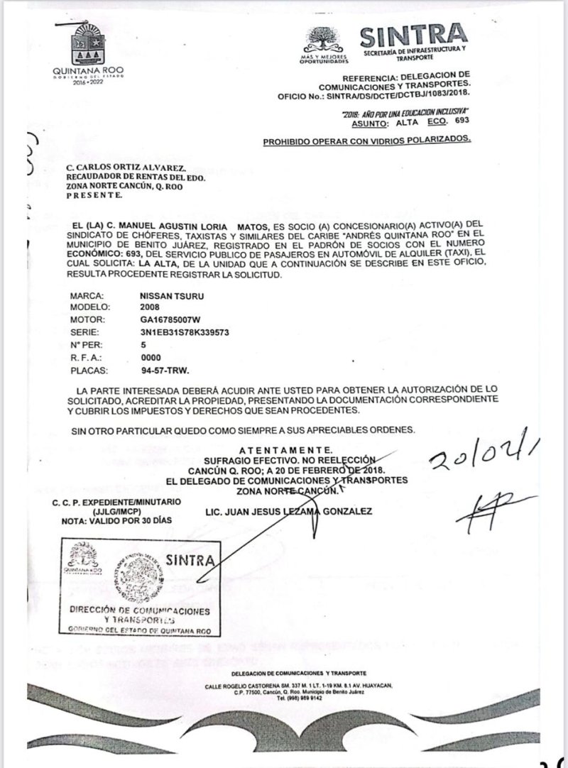 DENUNCIA SINDICATO “ANDRÉS QUINTANA ROO” A “TAXI CLONADO HYUNDAI NO. 693”