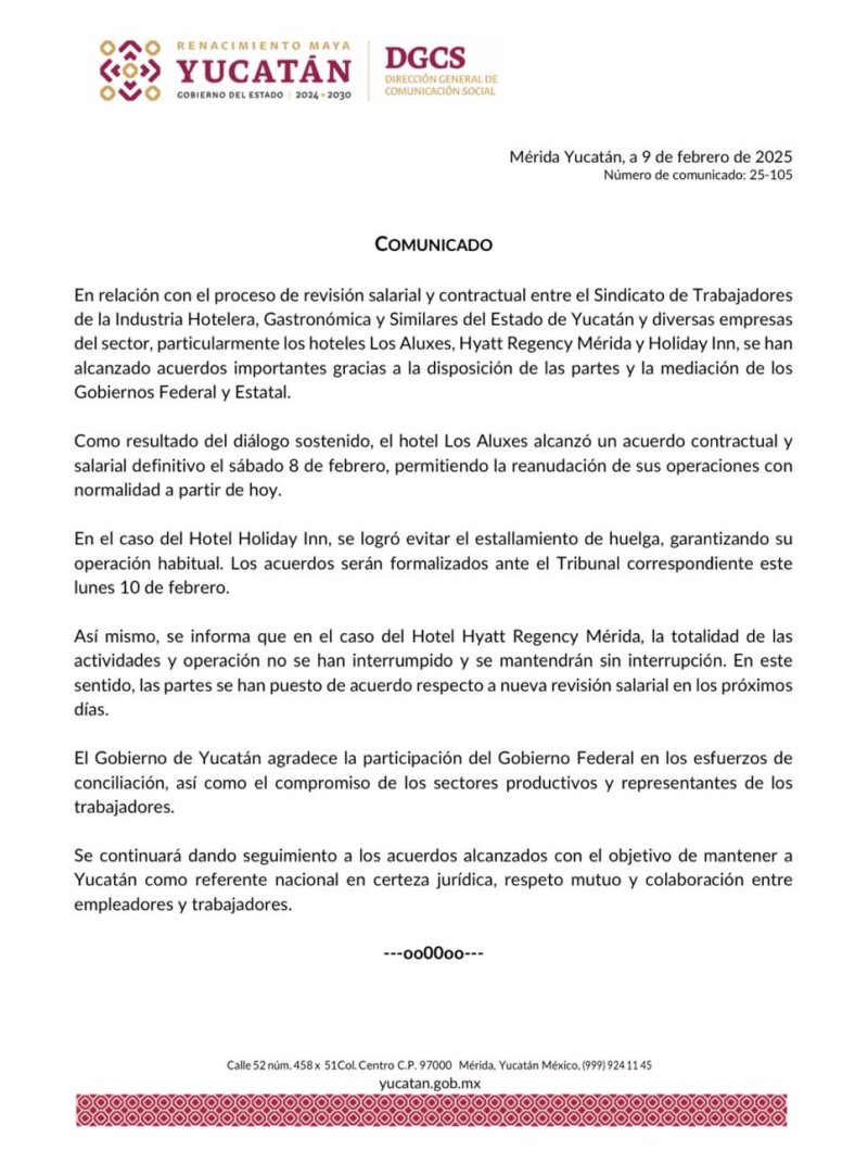El proceso de revisión salarial y contractual entre el Sindicato de Trabajadores de la Industria Hotelera, Gastronómica y Similares del Estado de Yucatán y diversas empresas del secto, han alcanzado acuerdos importantes