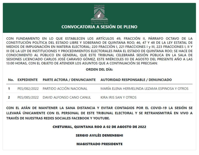 El Tribunal Electoral de Quintana Roo te invita a la Sesión de Pleno convocada para el 03 de agosto de 2022 a las 13:00 horas, la cual podrás visualizar en #vivo a través de nuestro Face Live y Canal de YouTube.