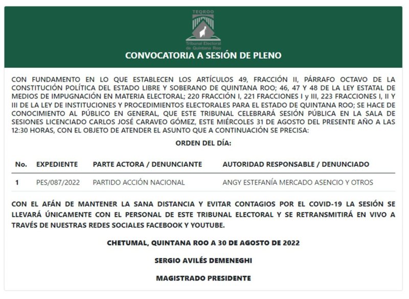 El Tribunal Electoral de Quintana Roo te invita a la Sesión de Pleno convocada para el 31 de agosto de 2022 a las 12:30 horas, la cual podrás visualizar en #vivo a través de nuestro Face Live y Canal de YouTube.