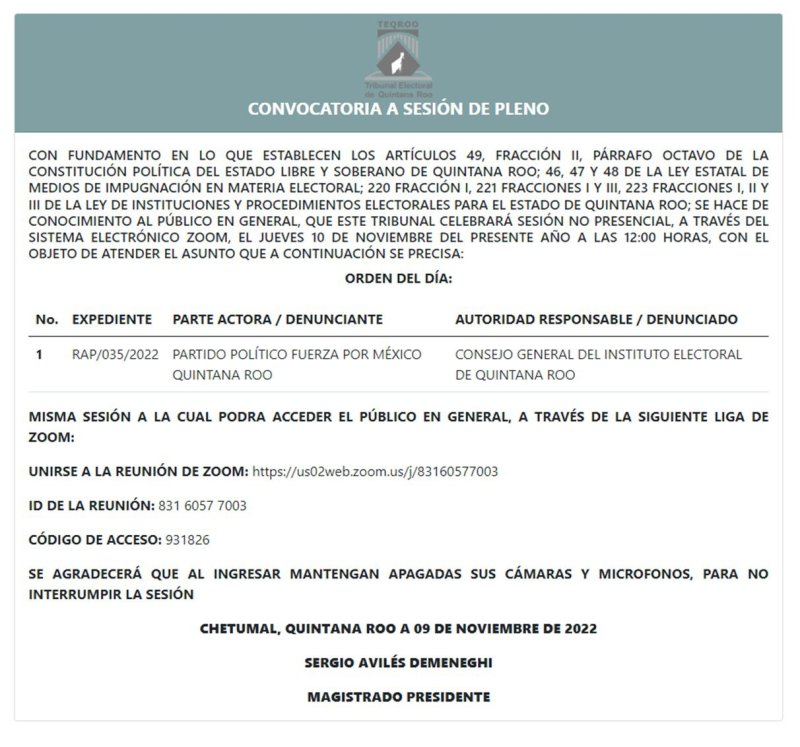 El Tribunal Electoral de Quintana Roo te invita a la Sesión de Pleno convocada para este 10 de noviembre de 2022 a las 12:00 horas, la cual podrás visualizar en #vivo a través de la plataforma Zoom.