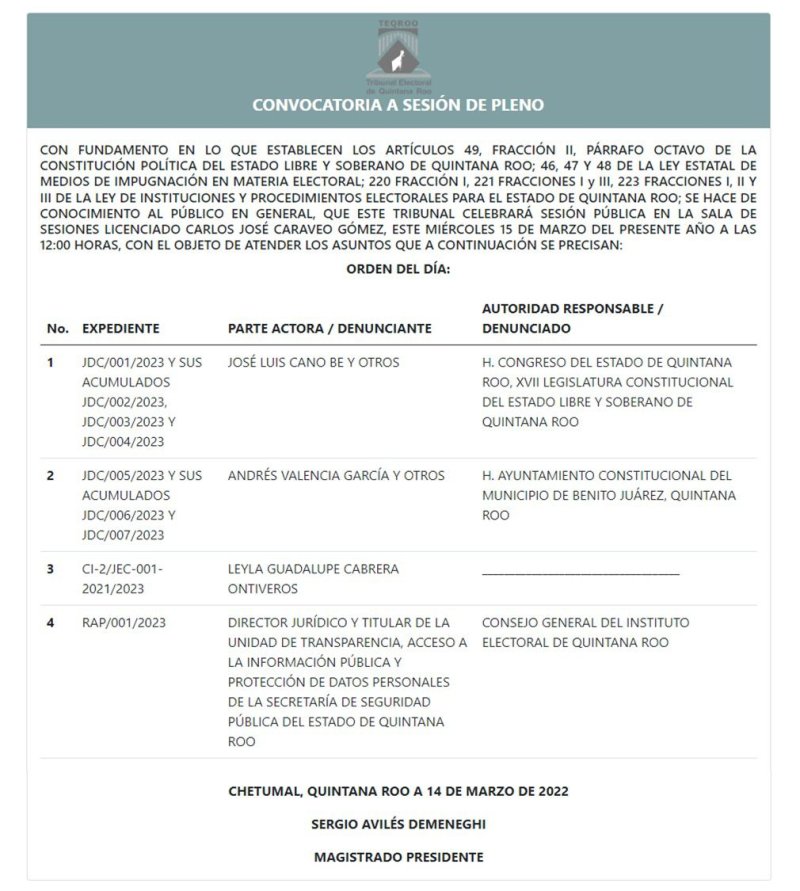 El Tribunal Electoral de Quintana Roo te invita a la Sesión de Pleno convocada para este 15 de marzo de 2023 a las 12:00 horas, la cual podrás visualizar en #vivo a través de nuestro Face Live, Twitter y Canal de YouTube.