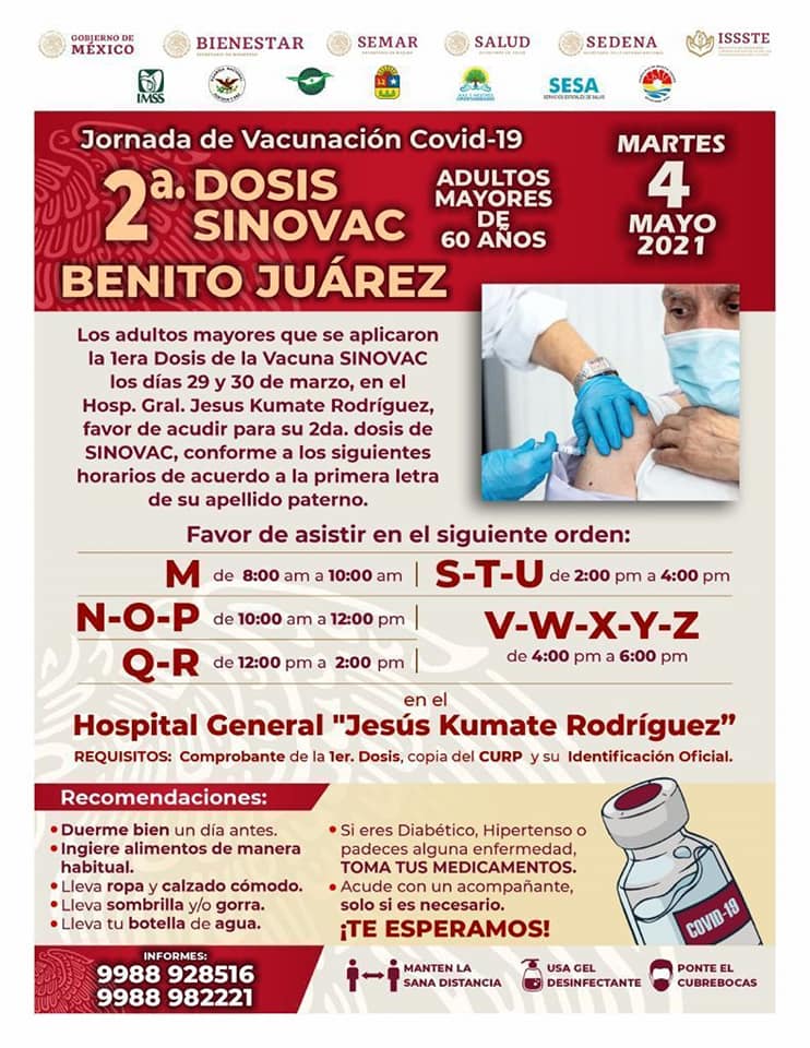 Estos son los horarios y lugares para la aplicación de la segunda dosis de la vacuna sinovac Contra Covid en Benito Juárez Cancún Quintana Roo.