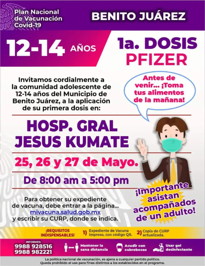 EXTIENDEN JORNADA DE VACUNACIÓN PARA ADOLESCENTES DE 12 A 14 AÑOS EN CANCÚN