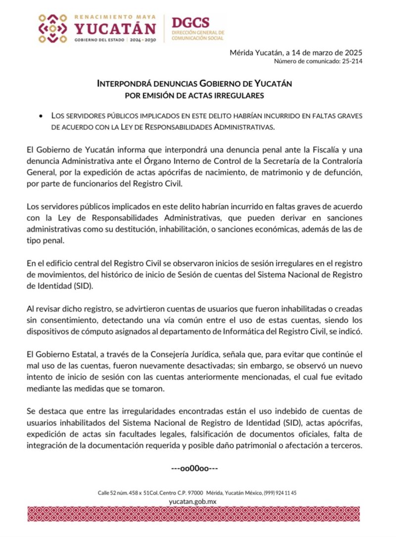 Interpondrá denuncias Gobierno de Yucatán por emisión de actas irregulares