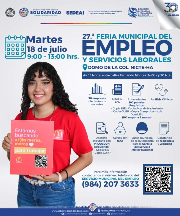 Invita gobierno a 27ª feria municipal de empleo