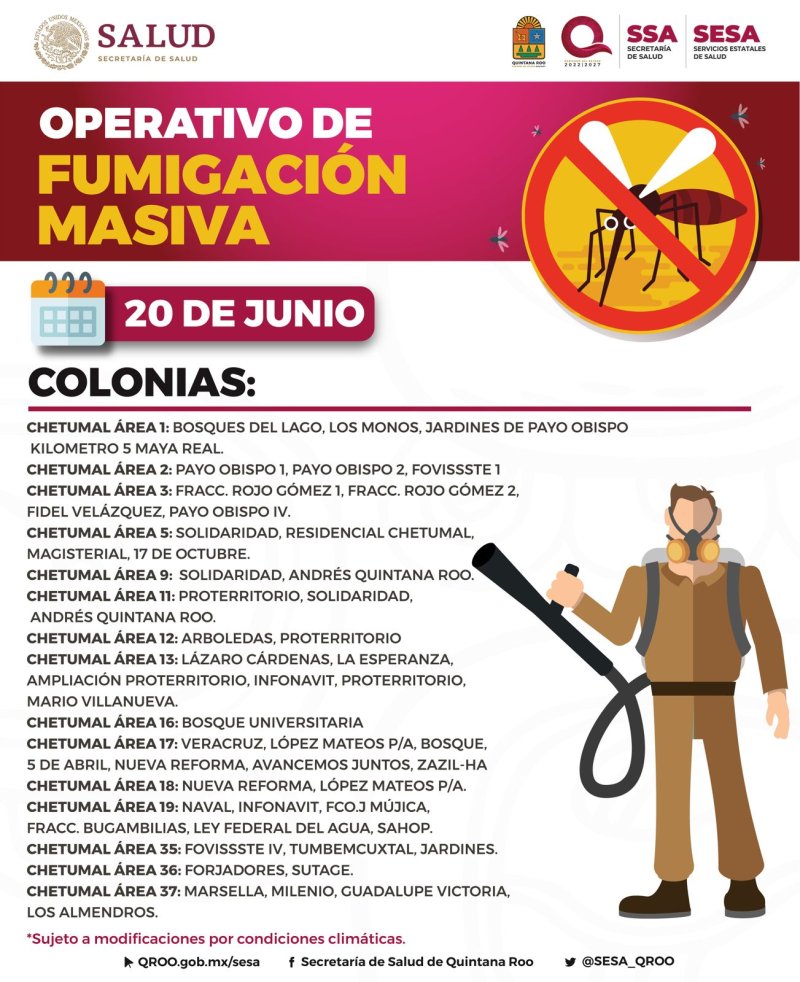 -La Gobernadora Mara Lezama informó que se mantiene permanente la Jornada de vectores con nebulización y termonebulización para prevenir enfermedades transmitidas por mosquitos