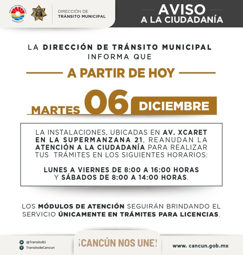 LA SECRETARÍA MUNICIPAL DE SEGURIDAD PÚBLICA Y TRÁNSITO DE BENITO JUÁREZ ANUNCIA LA REAPERTURA DE LAS INSTALACIONES DE LA DIRECCIÓN DE TRÁNSITO.