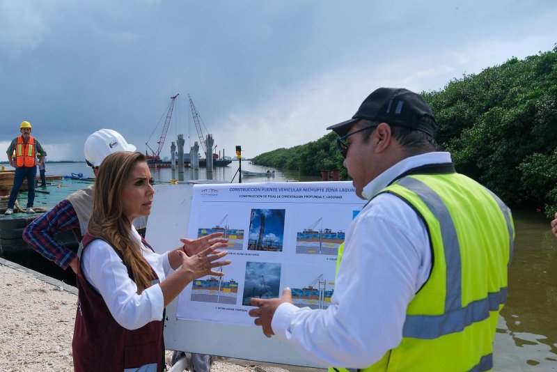 Mara Lezama supervisa avances del puente Nichupté en Cancún, una obra de beneficio social
