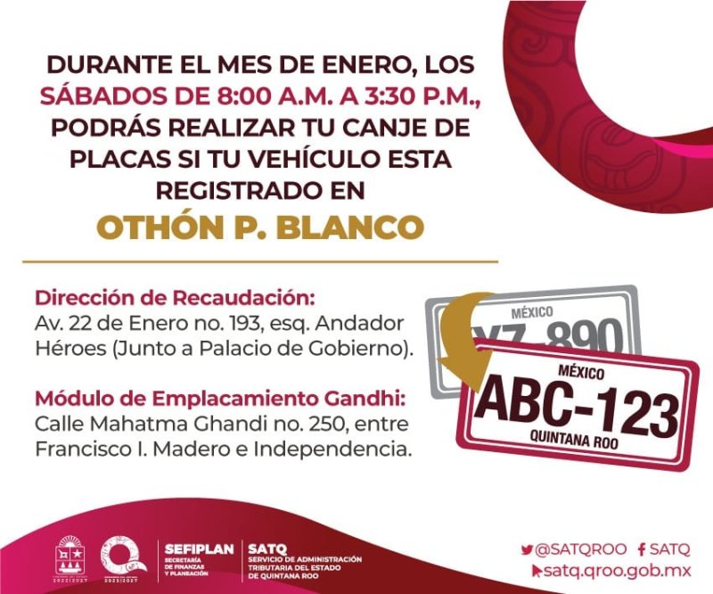 Oficinas de SEFIPLAN abrirán los sábados de enero para trámites de cambios de placas en Chetumal