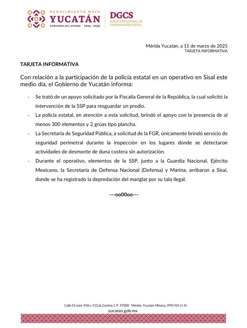 Operativo en Sisal: Policía Estatal resguarda predio por solicitud de la FGR