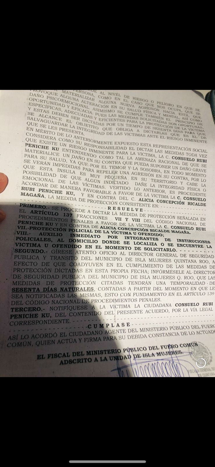 POR AMENAZAS EN LA VÍA PÚBLICA DICTAN MEDIDAS DE PROTECCIÓN EN CONTRA DE ALICIA RICALDE