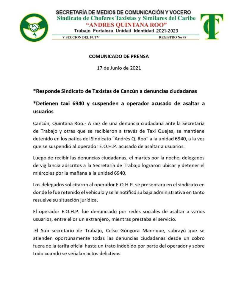 Responde Sindicato de Taxistas de Cancún a denuncias ciudadanas