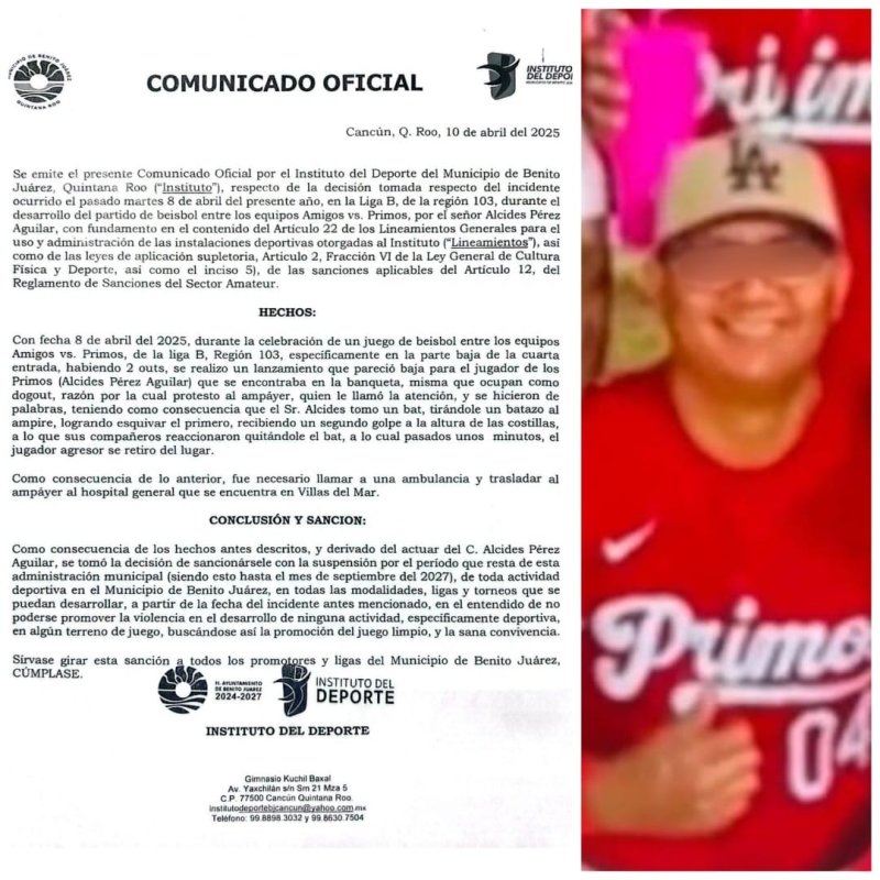 Sancionan con suspensión definitiva de todas actividades deportivas al agresor del ampáyer que resultó con las costillas rotas tras recibir batazos durante un partido de softbol en la región 103
