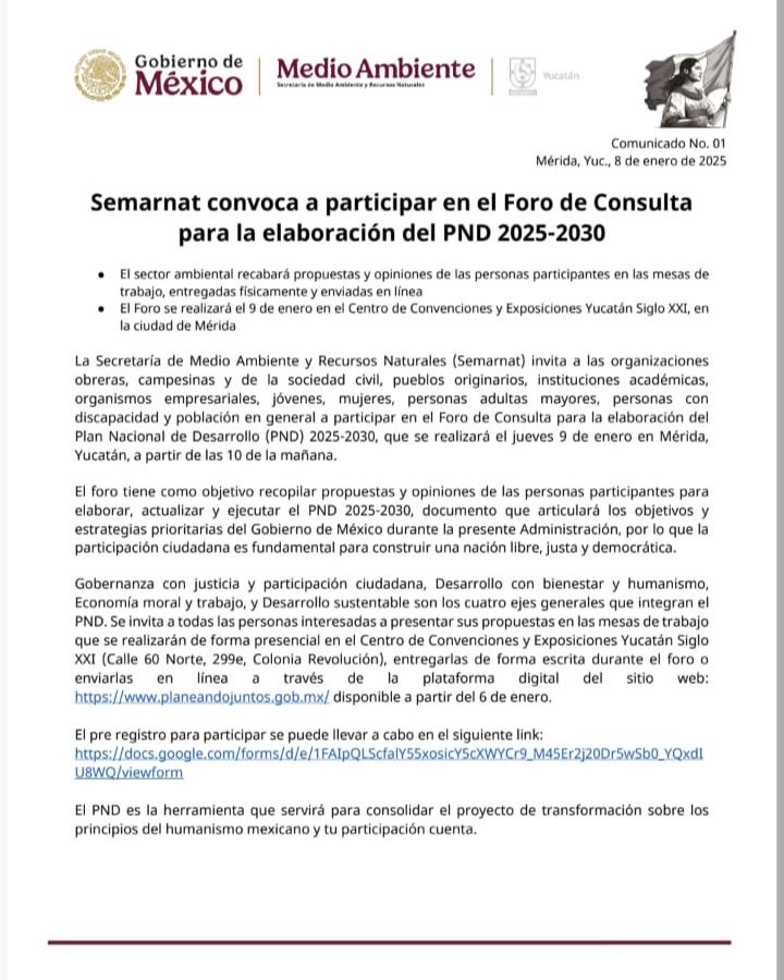 Semarnat convoca a participar en el Foro de Consulta para la elaboración del PND 2025-2030
