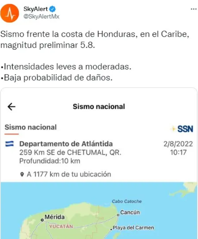 Sismo registrado en Honduras alcanza levemente a Quintana Roo