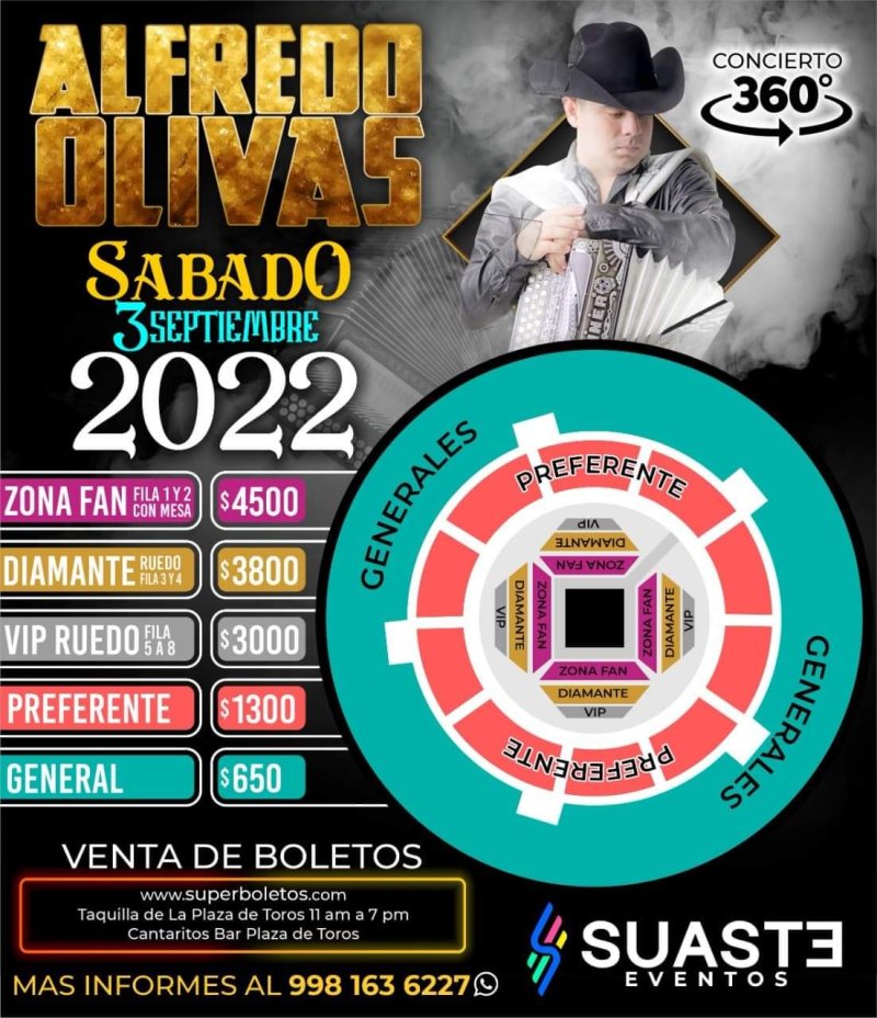 Te brindamos el mapa de espacios y precios, para el magno evento que se aproxima con el “El Padrino” Alfredo Olivas Oficial