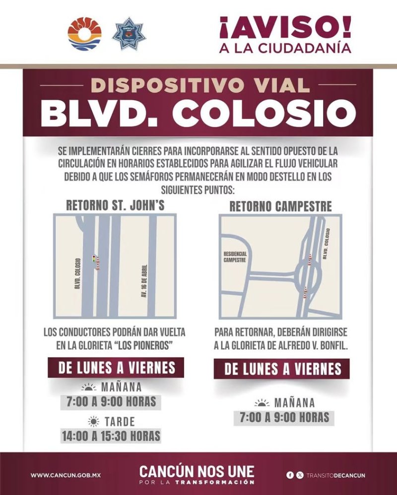 Aviso vial para automovilistas en Cancún